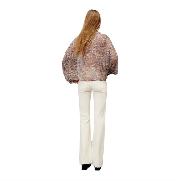 Zara Women Size M Blouse V Neck Long Sleeve Ruffle Sheer Top Paisley Tassel - Picture 4 of 14